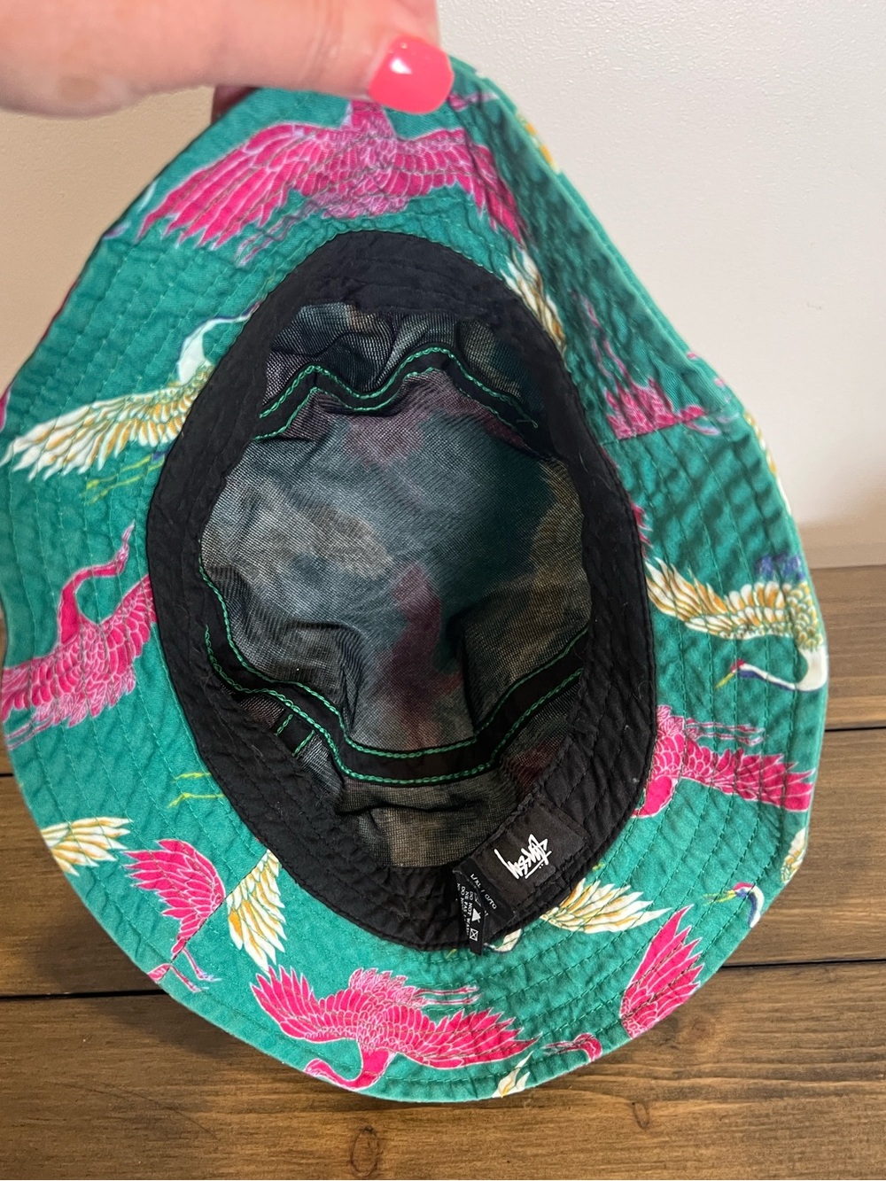 Stussy cotton teal bucket hat with crane birds size L/XL - Picture 7 of 8